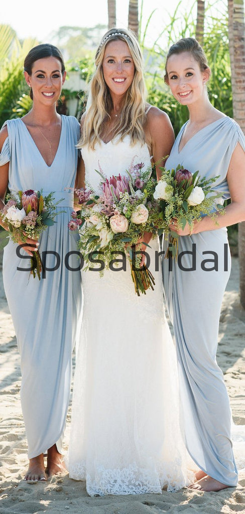 Blue Mismatched Jersey Simple Beach Long Bridesmaid Dresses WG806