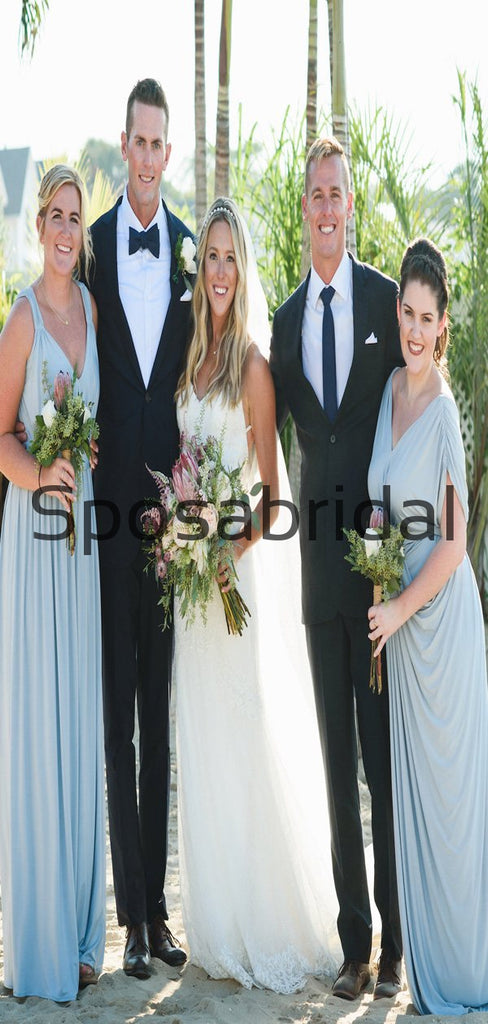 Blue Mismatched Jersey Simple Beach Long Bridesmaid Dresses WG806