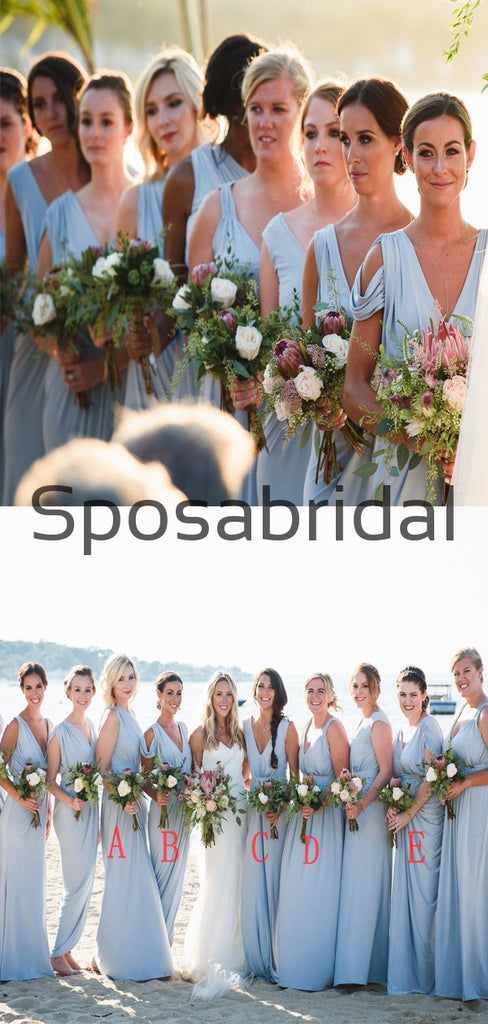 Blue Mismatched Jersey Simple Beach Long Bridesmaid Dresses WG806