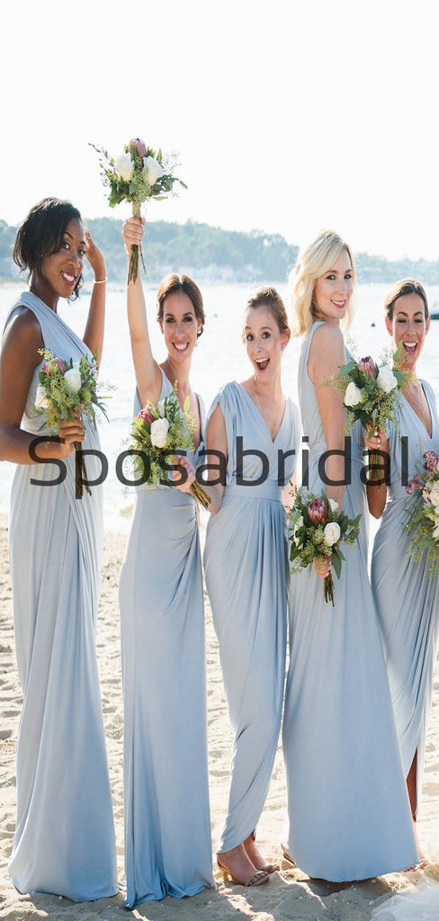 Blue Mismatched Jersey Simple Beach Long Bridesmaid Dresses WG806