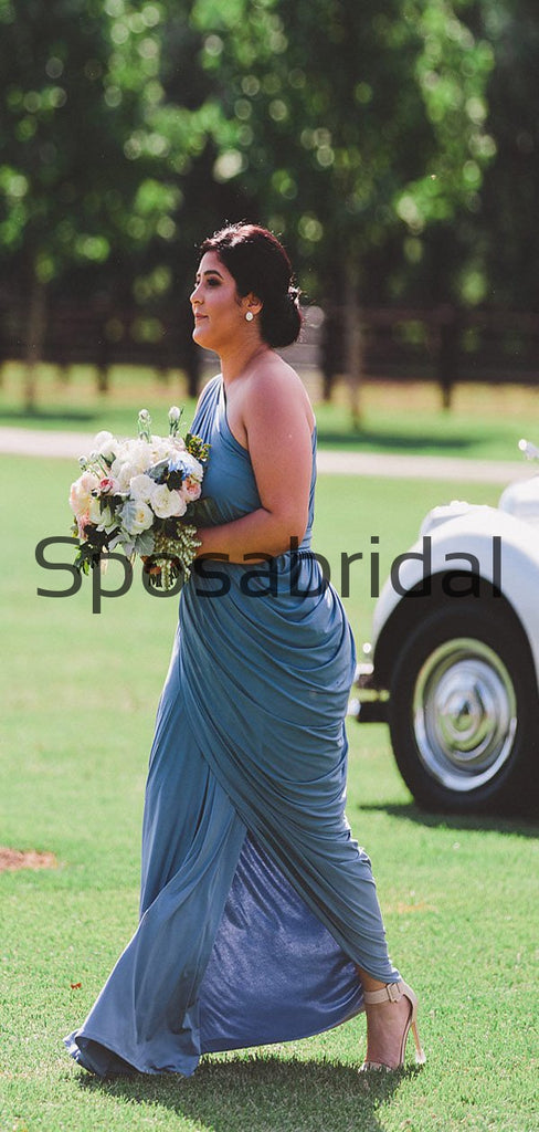 Blue One Shoulder Jersey Simple Beach Long Bridesmaid Dresses WG808