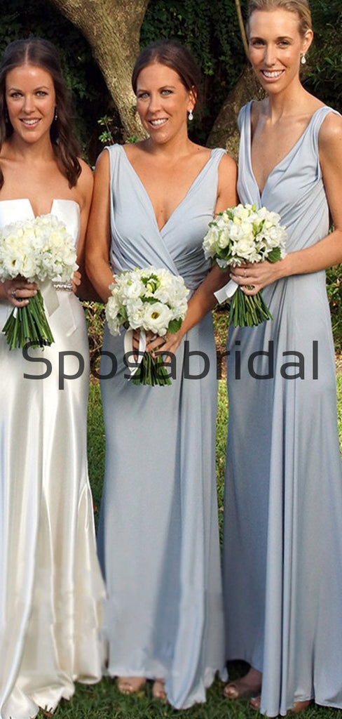 Blue V-neck Inexpensive Simple Beach Long Bridesmaid Dresses WG809