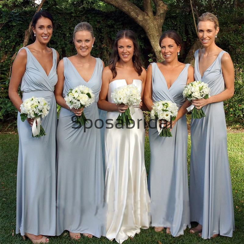 Blue V-neck Inexpensive Simple Beach Long Bridesmaid Dresses WG809