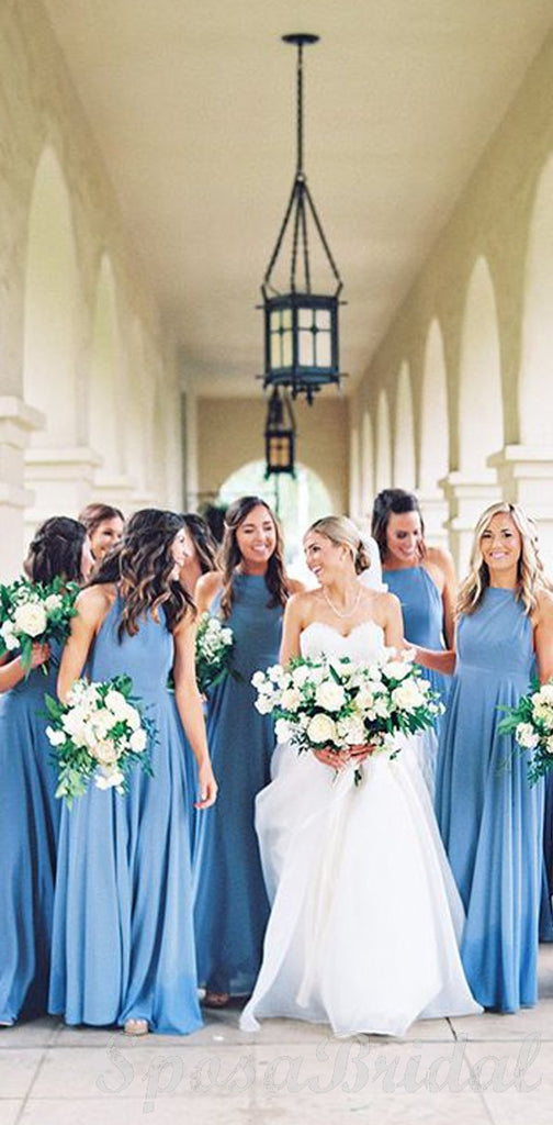 Blue Halter Bridesmaid Crew Long Bridesmaid Dresses, Elegant Formal Bridesmaid Dress WG562