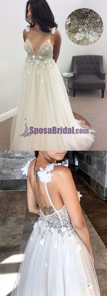 Deep V Neck Spaghetti Straps Sexy Prom Dresses, Most Popular Charming Prom dress, PD0695
