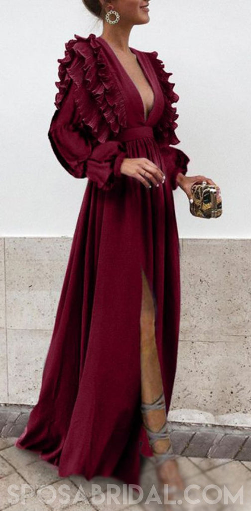 Boho Colorful Chiffon V-neck A-line Cheap Bridesmaid Dress, Long Prom Dress, PD1100