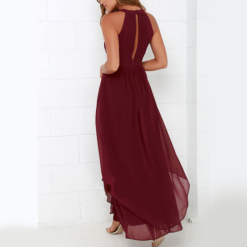 Burgundy Chiffon Cheap Side-slit Jewel-neck Flowy Long Bridesmaid Dresses, PD218