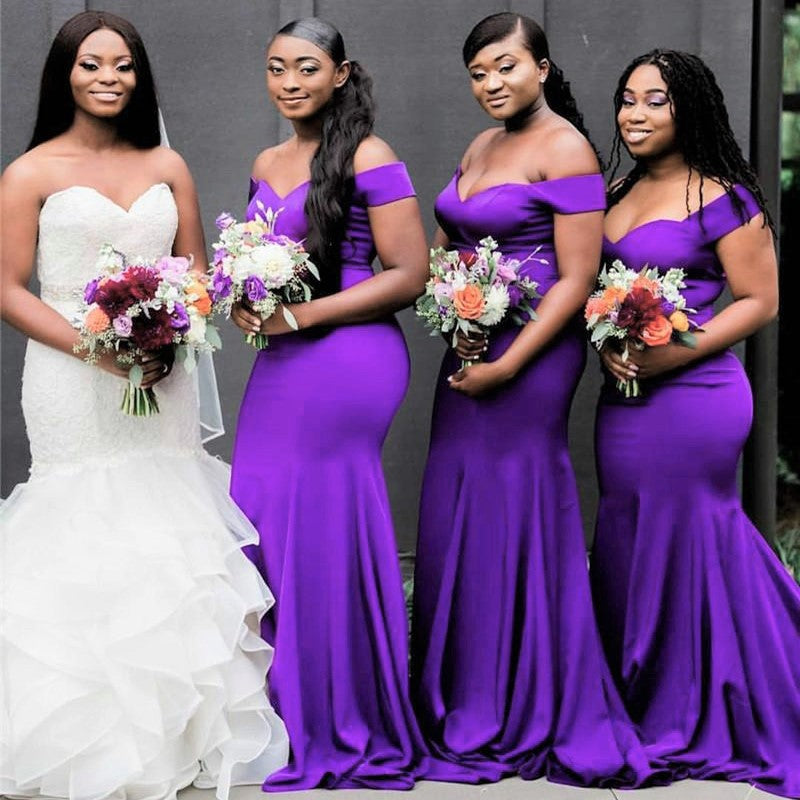 Purple Off-shoulder Mermaid Long Bridesmaid Dresses, CO00010