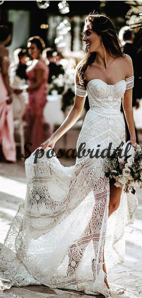 Chamring Unique Full Lace Beach Wedding Dresses, Romantic Elegant Wedding Gown, WD0352