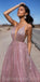 A-line Sequin Spaghetti Straps Rose Gold Long Prom Dresses, Fashion Modest Prom Dress, PD1367