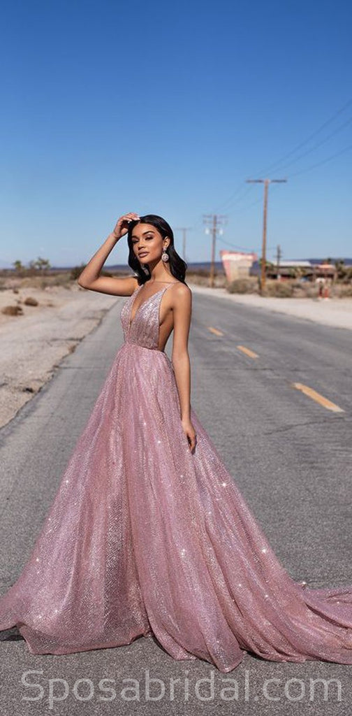A-line Sequin Spaghetti Straps Rose Gold Long Prom Dresses, Fashion Modest Prom Dress, PD1367