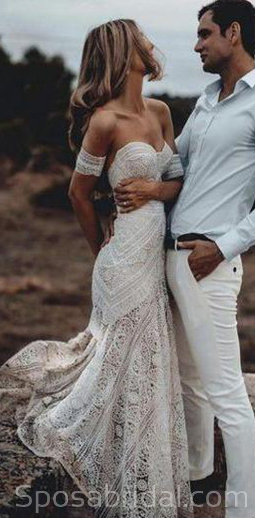 Chamring Unique Full Lace Beach Wedding Dresses, Romantic Elegant Wedding Gown, WD0352