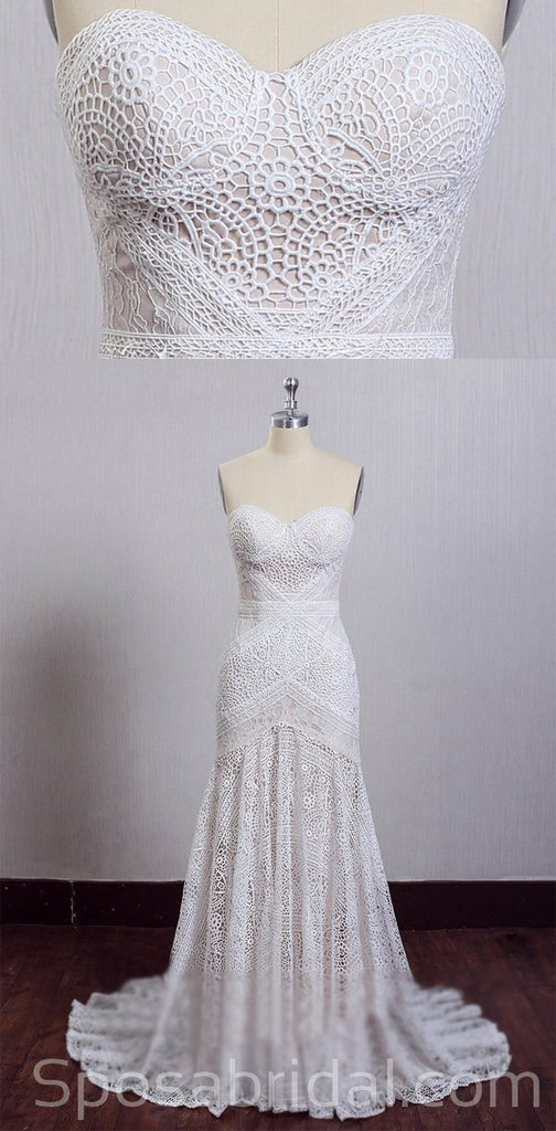 Chamring Unique Full Lace Beach Wedding Dresses, Romantic Elegant Wedding Gown, WD0352