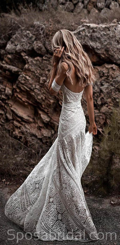 Chamring Unique Full Lace Beach Wedding Dresses, Romantic Elegant Wedding Gown, WD0352