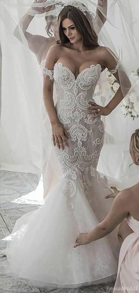 Charming Boho Off-shoulder Lace Mermaid Sweetheart Long Wedding Dress, WD0618