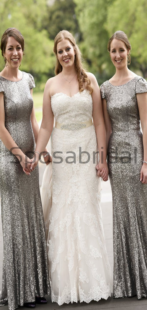 Charming Gray Sequin Mermaid Cap Sleeves Modest Bridesmaid Dresses WG795