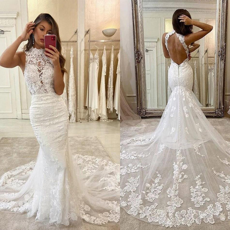 Charming Mermaid High Neck Lace Vintage Modest Wedding Dresses WD0422