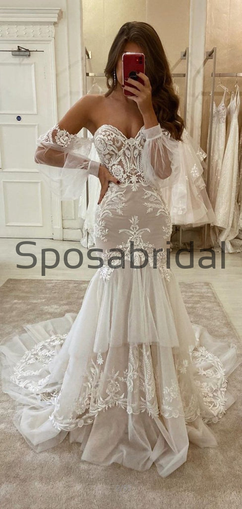 Charming Mermaid Lace Vintage Country Modest Wedding Dresses WD0424
