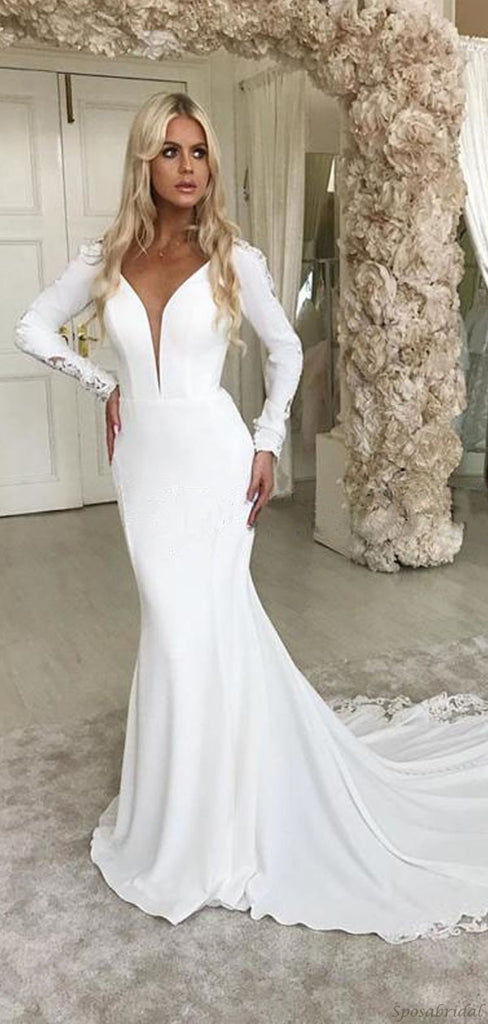 Charming Mermaid V-neck Long Sleeves Elegant Modest Wedding Dresses, WD0426