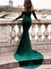 Charming Emerald Green Long Sleeve Velvet Mermaid Prom Dresses, PD1832