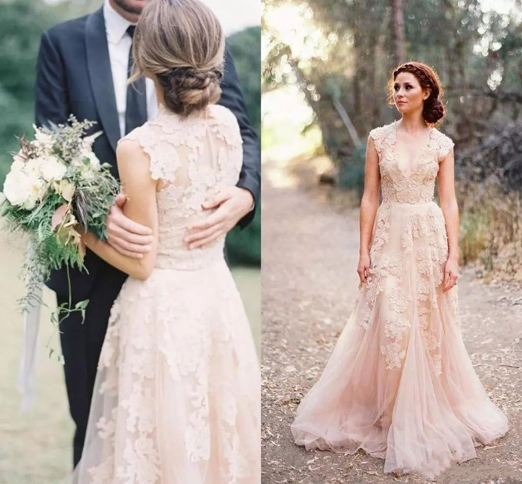 Charming Blush Pink Lace Sexy V-neck Long Sheath Tulle Wedding Party Dresses, WD0139