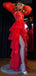 Charming Red Fashion Lantern Sleeve High Fork Tulle Long Prom Dresses PD1956