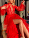 Charming Red Fashion Lantern Sleeve High Fork Tulle Long Prom Dresses PD1956