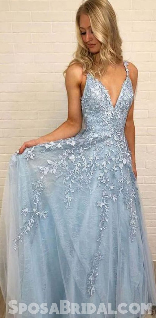 Charming A-line Modest V-neck Lace Appliques  Pretty Hot Spring Long Pom Dresses, Party Dress,, PD1282