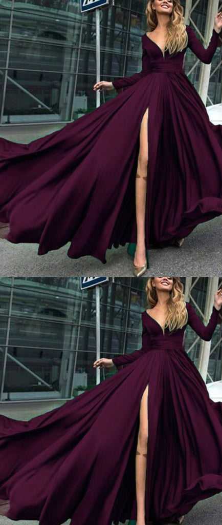 Charming Cheap Custom Long Sleeves Dark Burgundy Simple Soft Prom Dresses, evening dress, PD0948 - SposaBridal