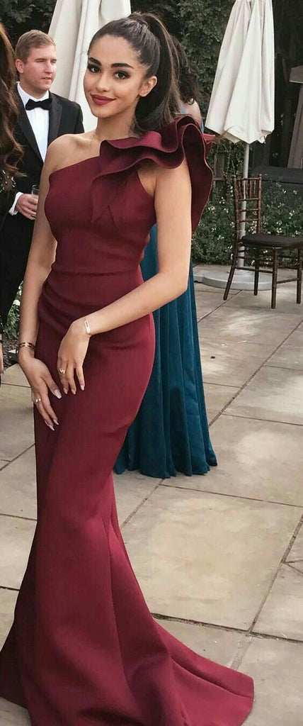 Charming Elegant Burgundy  Mermaid One Shoulder Flounced Sexy Prom Dresses, Evening Gowns ,PD1011 - SposaBridal