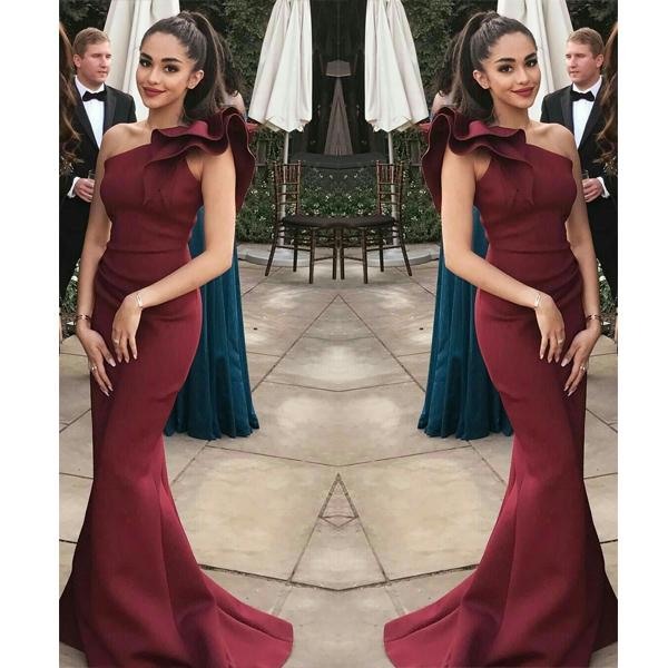 Charming Elegant Burgundy  Mermaid One Shoulder Flounced Sexy Prom Dresses, Evening Gowns ,PD1011 - SposaBridal