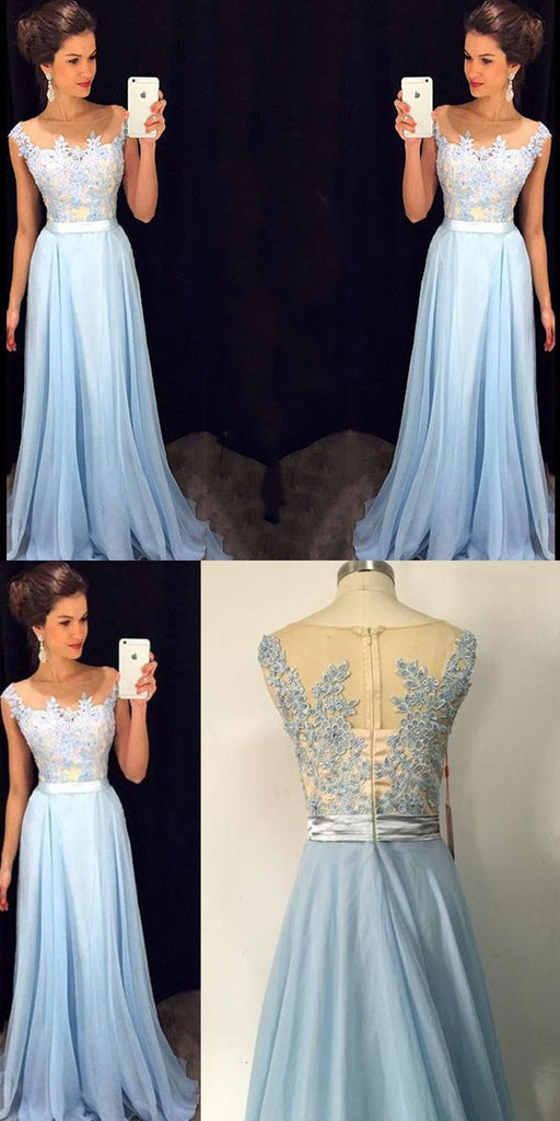 Charming Lace chiffon Blue  Cheap Long V Neck Formal  Pretty Elegant Prom Dresses,PD0613 - SposaBridal