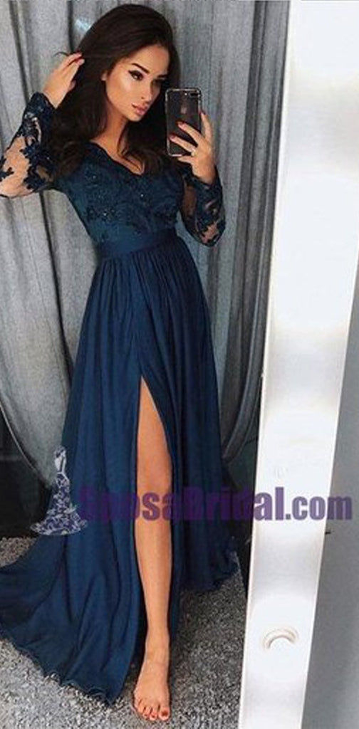 Charming Long Sleeves V neck Top Lace Chiffon Navy Grey Burgundy Prom Dresses, Evening dress, PD0668