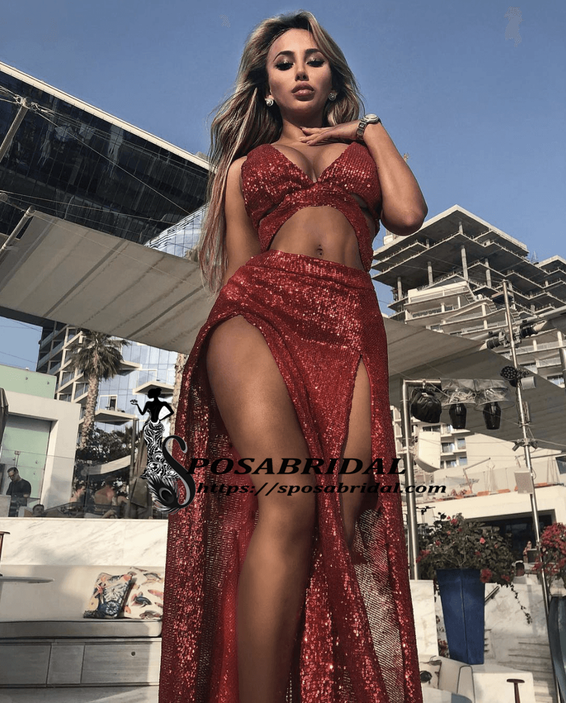 Charming Sexy Sequin Sparkly Simple Red and Black Split Fashion Popular Prom Dresses, Evening dresses, PD0778 - SposaBridal