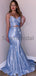 Charming SimpleSpaghetti Straps V-Neck Blue Two Piece Shining Modest Prom Dresses PD1789