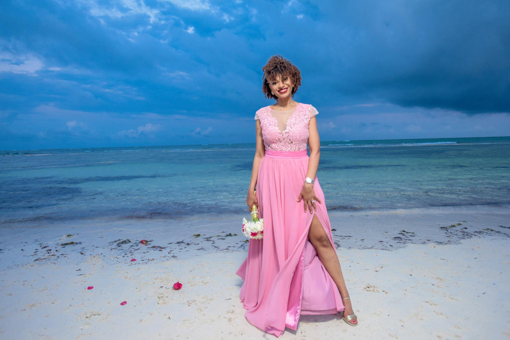 Cheap Chiffon Pink Cap Sleeves  Real Made Split Bridesmaid Dresses, New Popular Wedding Guest Dresses, WG300 - SposaBridal