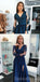 Long Sleeves Navy Blue Side Slit Modest V Neck Elegant Prom Dresses, Evening Dresses, PD1273