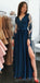 Long Sleeves Navy Blue Side Slit Modest V Neck Elegant Prom Dresses, Evening Dresses, PD1273