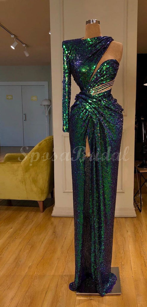 Cheap Mismatched Sparkly Green Sequin Modest Formal Long Prom Dresses PD1430
