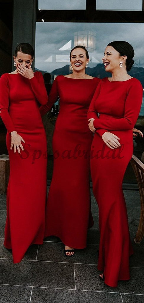 Cheap Modest Mermaid Red Jersey Long Sleeve Sheath Long Bridesmaid Dresses WG586