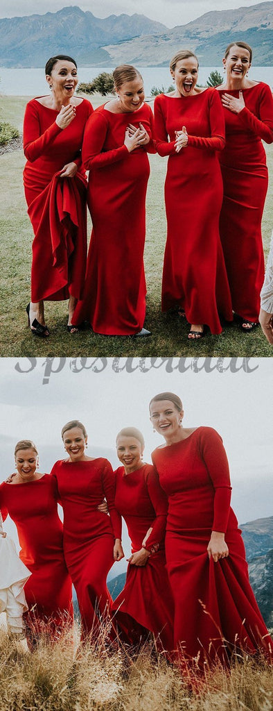 Cheap Modest Mermaid Red Jersey Long Sleeve Sheath Long Bridesmaid Dresses WG586