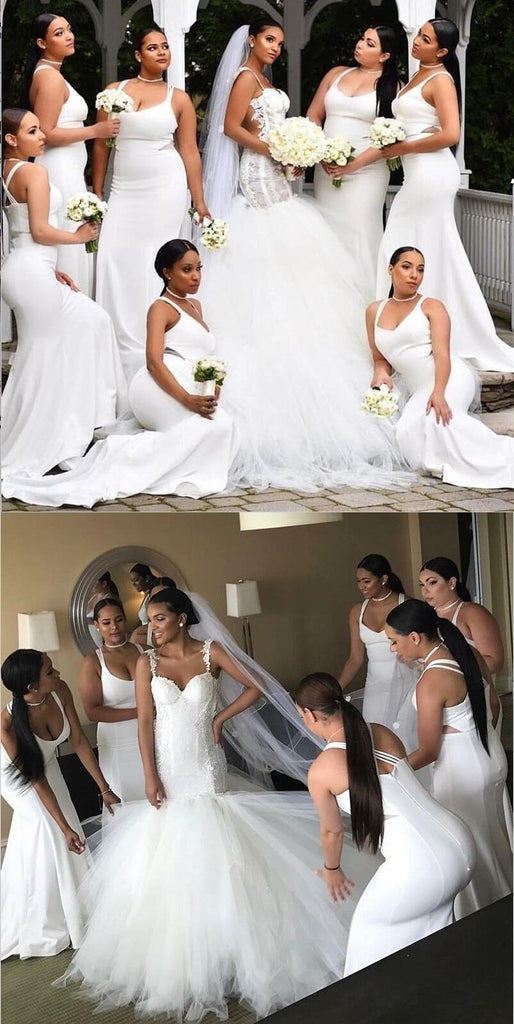 Cheap Modest Sexy Unique Mermaid Spaghetti Straps Elegant Formal  White Bridesmaid Dresses, WG269 - SposaBridal