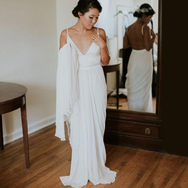 Bohemian Cheap Simple Boho Spaghetti Straps Chiffon Beach Hot Sale Wedding dresses , WD0300 - SposaBridal
