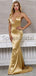 Cheap Spaghetti Straps V-Neck Simple Mermaid Gold Formal Long Prom Dresses PD1800