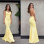 Cheap Yellow Spaghetti Straps Simple Open Back Mermaid Long Prom Dresses PD1427