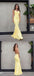 Cheap Yellow Spaghetti Straps Simple Open Back Mermaid Long Prom Dresses PD1427