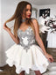 Chic Gray Ivroy White Lace Spaghetti Strap V-neck A-line Cheap Short Homecoming Dress, BD0445