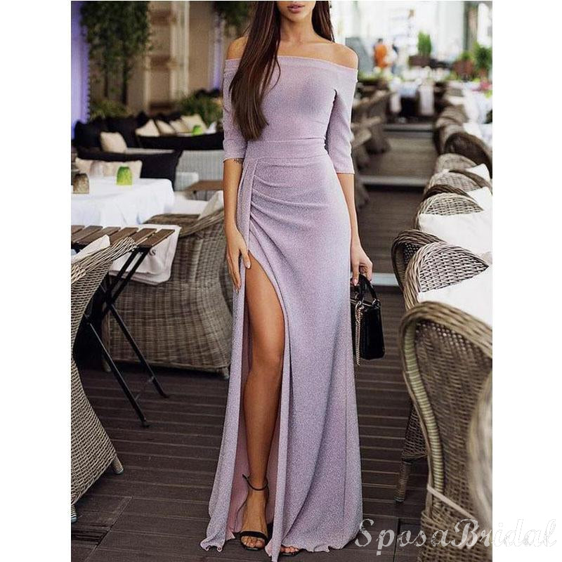 Custom Off the Shoulder Half Sleeves Side Slit Mermaid SImple Long Prom Dresses, PD1401