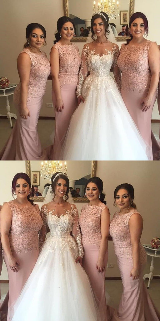Custom Strapless Long Blush Pink Mermaid Top Lace Bridesmaid Dresses, Wedding Guest Dresses, WG251
