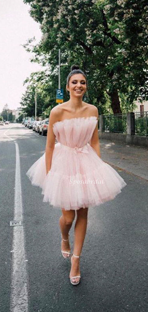 Cute Blush Pink Pleats With Bow Tie Belt Short A-line Mini Homecoming Dress, HD3085